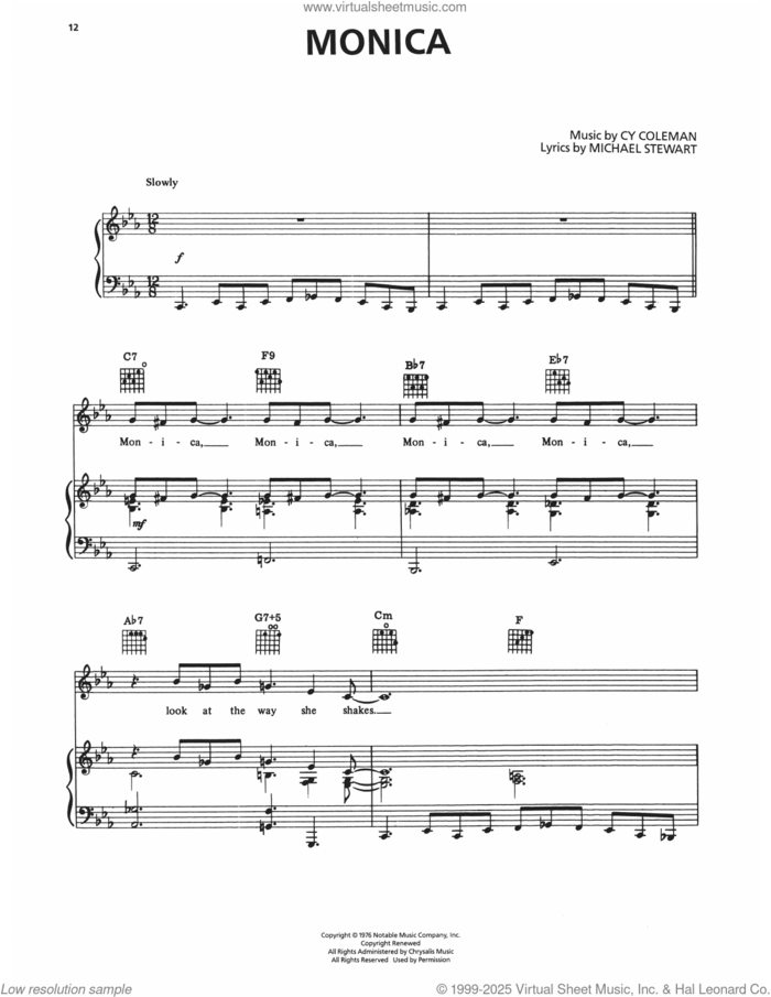 Monica (from I Love My Wife) sheet music for voice, piano or guitar by Cy Coleman and Michael Stewart, intermediate skill level