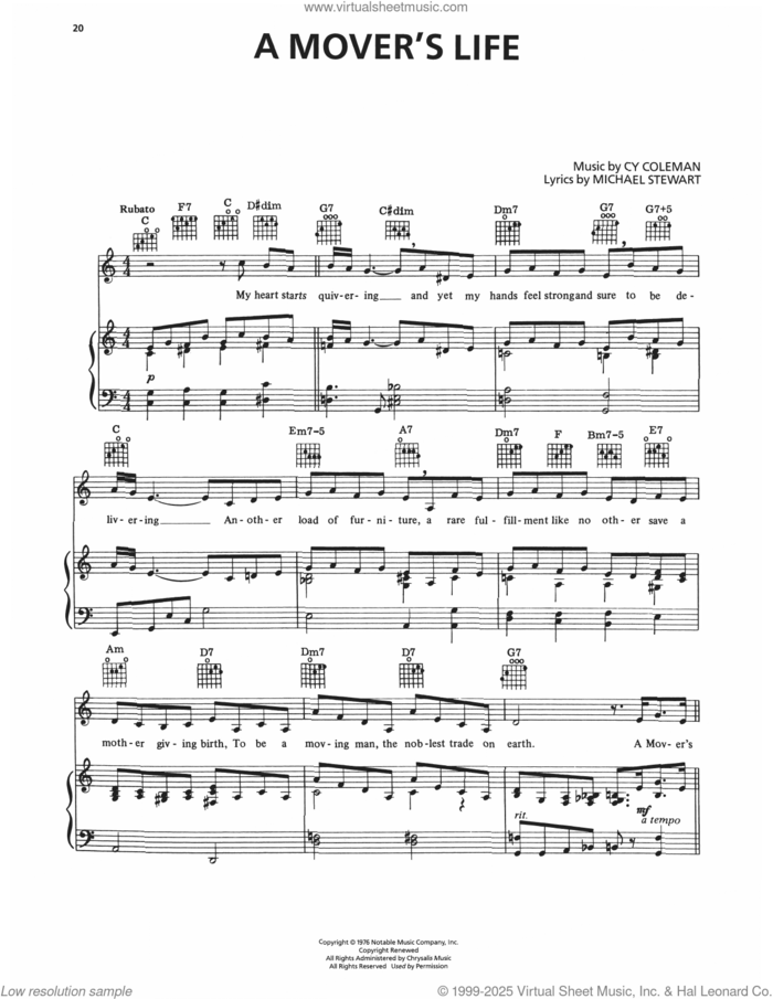 A Mover's Life (from I Love My Wife) sheet music for voice, piano or guitar by Cy Coleman and Michael Stewart, intermediate skill level