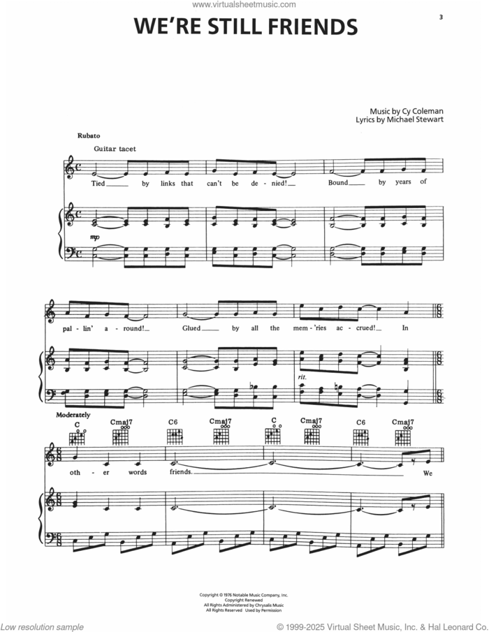 We're Still Friends (from I Love My Wife) sheet music for voice, piano or guitar by Cy Coleman and Michael Stewart, intermediate skill level