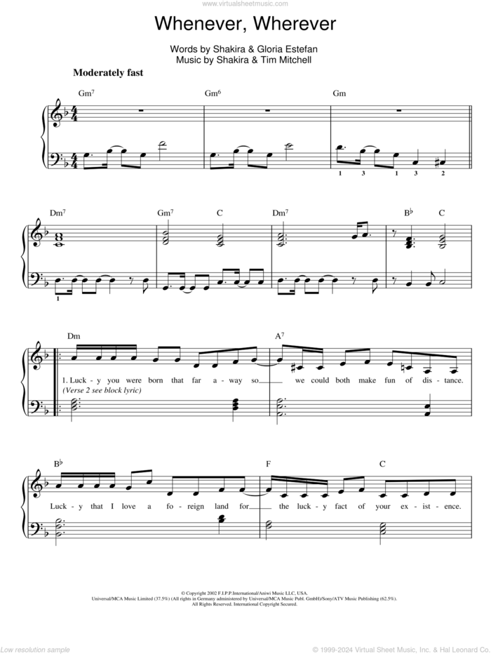 Whenever, Wherever sheet music for piano solo by Shakira, Gloria Estefan and Tim Mitchell, easy skill level