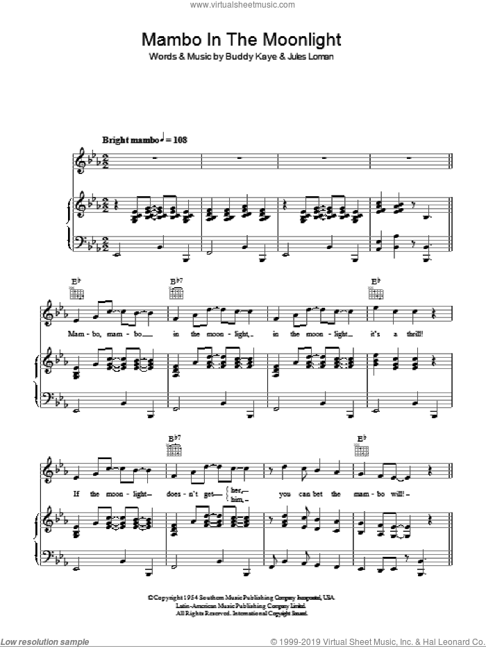 Mambo In The Moonlight sheet music for voice, piano or guitar by Ireen Sheer, Buddy Kaye and Jules Loman, intermediate skill level