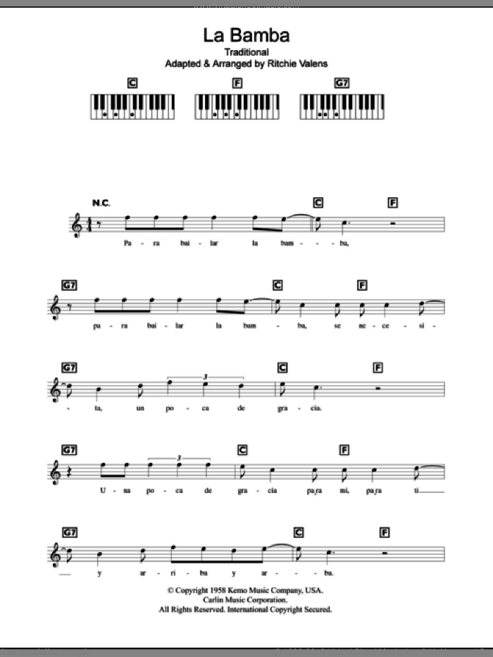 La Bamba, (intermediate) sheet music for piano solo (chords, lyrics, melody) by Los Lobos and Ritchie Valens, intermediate piano (chords, lyrics, melody)