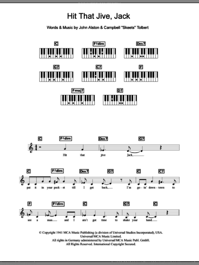 Hit That Jive Jack sheet music for piano solo (chords, lyrics, melody) by Diana Krall, Campbell 'Skeets' Tolbert and John Alston, intermediate piano (chords, lyrics, melody)