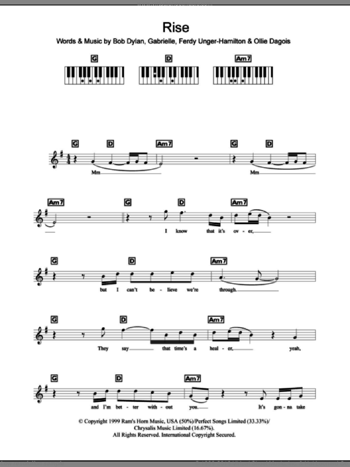 Rise sheet music for piano solo (chords, lyrics, melody) by Gabrielle, Bob Dylan, Ferdy Unger-Hamilton and Ollie Dagois, intermediate piano (chords, lyrics, melody)