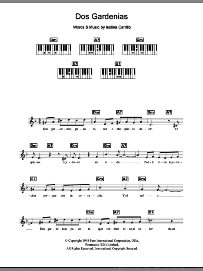 Dos Gardenias sheet music for piano solo (chords, lyrics, melody) by The Buena Vista Social Club and Isolina Carrillo, intermediate piano (chords, lyrics, melody)