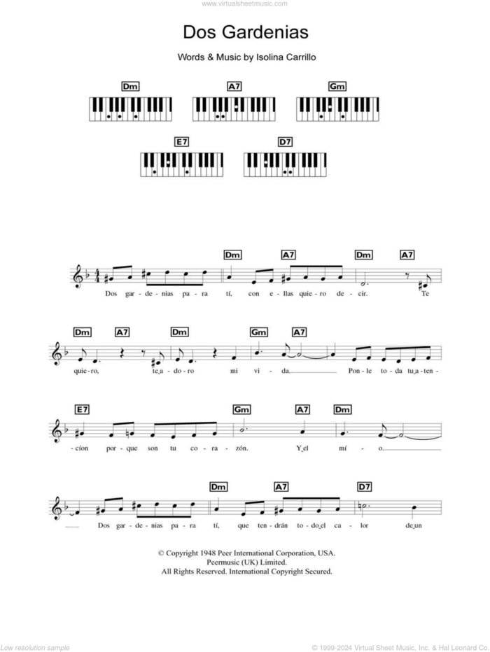 Dos Gardenias sheet music for piano solo (chords, lyrics, melody) by The Buena Vista Social Club and Isolina Carrillo, intermediate piano (chords, lyrics, melody)