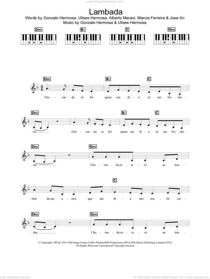 Lambada sheet music for piano solo (chords, lyrics, melody) by Kaoma, Alberto Maravi, Gonzalo Hermosa, Jose Ari, Marcia Ferreira and Ulises Hermosa, intermediate piano (chords, lyrics, melody)