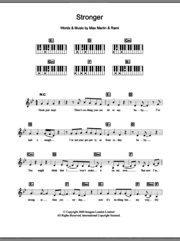 Stronger sheet music for piano solo (chords, lyrics, melody) by Britney Spears, Max Martin and Rami, intermediate piano (chords, lyrics, melody)