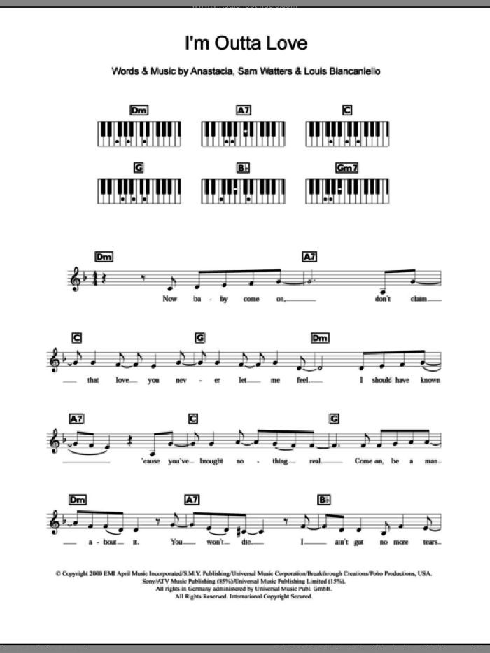 I'm Outta Love sheet music for piano solo (chords, lyrics, melody) by Anastacia, Louis Biancaniello and Sam Watters, intermediate piano (chords, lyrics, melody)