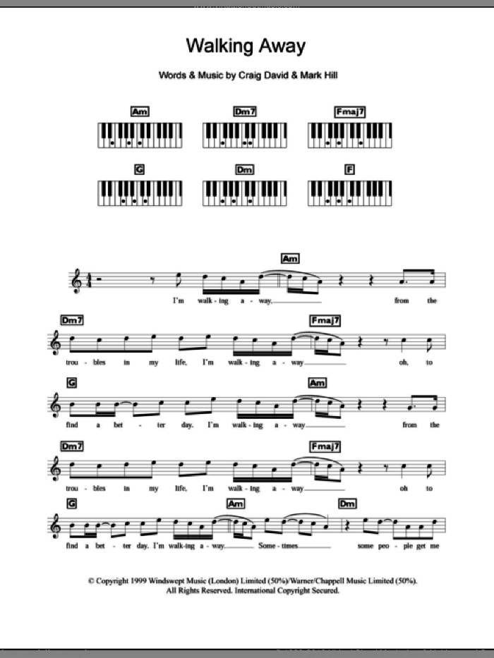Walking Away sheet music for piano solo (chords, lyrics, melody) by Craig David and Mark Hill, intermediate piano (chords, lyrics, melody)