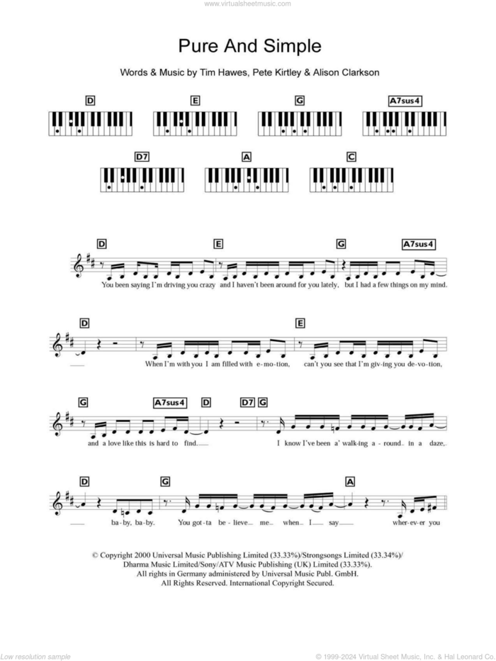 Pure And Simple sheet music for piano solo (chords, lyrics, melody) by Hear'Say, Alison Clarkson, Pete Kirtley and Tim Hawes, intermediate piano (chords, lyrics, melody)