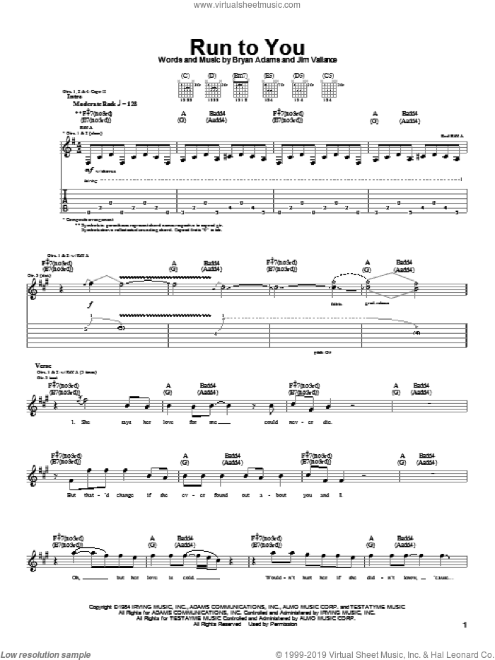 Run To You sheet music for guitar (tablature) by Bryan Adams and Jim Vallance, intermediate skill level