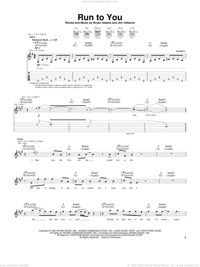 Run To You sheet music for guitar (tablature) by Bryan Adams and Jim Vallance, intermediate skill level