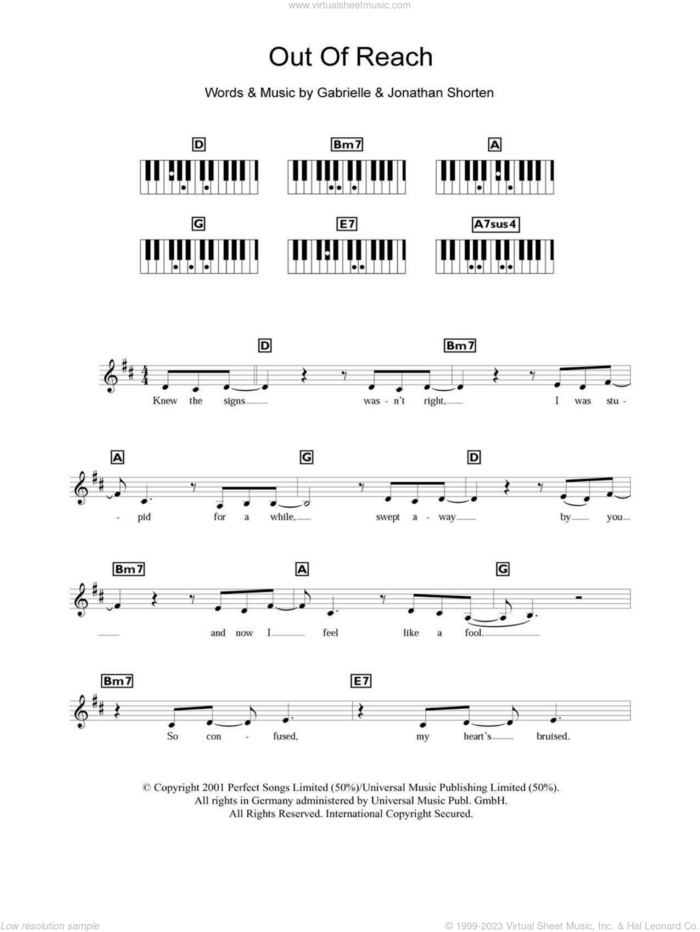Out Of Reach sheet music for piano solo (chords, lyrics, melody) by Gabrielle and Jonathan Shorten, intermediate piano (chords, lyrics, melody)