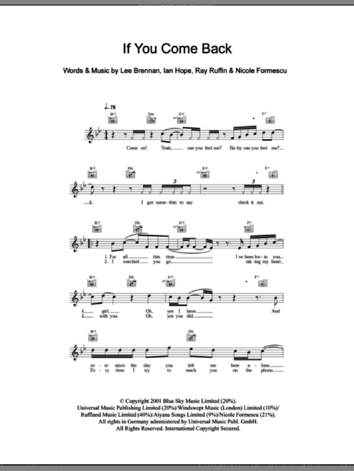 If You Come Back sheet music for voice and other instruments (fake book) , Ian Hope, Lee Brennan, Nicole Formescu and Ray Ruffin, intermediate skill level