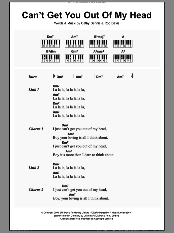 Can't Get You Out Of My Head sheet music for piano solo (chords, lyrics, melody) by Kylie Minogue, Cathy Dennis and Rob Davis, intermediate piano (chords, lyrics, melody)