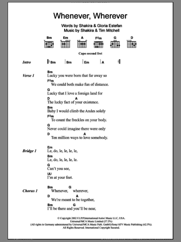 Whenever, Wherever sheet music for guitar (chords) by Shakira, Gloria Estefan and Tim Mitchell, intermediate skill level