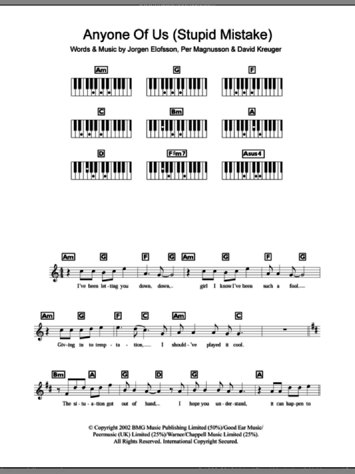 Anyone Of Us (Stupid Mistake) sheet music for piano solo (chords, lyrics, melody) by Gareth Gates, David Kreuger, Jorgen Elofsson and Per Magnusson, intermediate piano (chords, lyrics, melody)