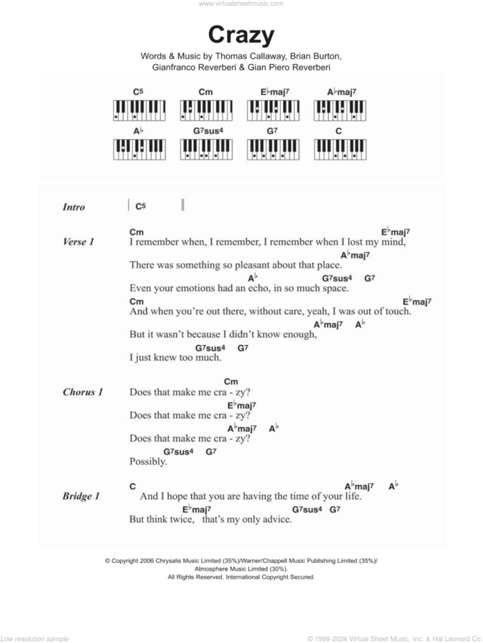 Crazy sheet music for piano solo (chords, lyrics, melody) by Gnarls Barkley, Brian Burton, Gian Piero Reverberi, Gianfranco Reverberi and Thomas Callaway, intermediate piano (chords, lyrics, melody)