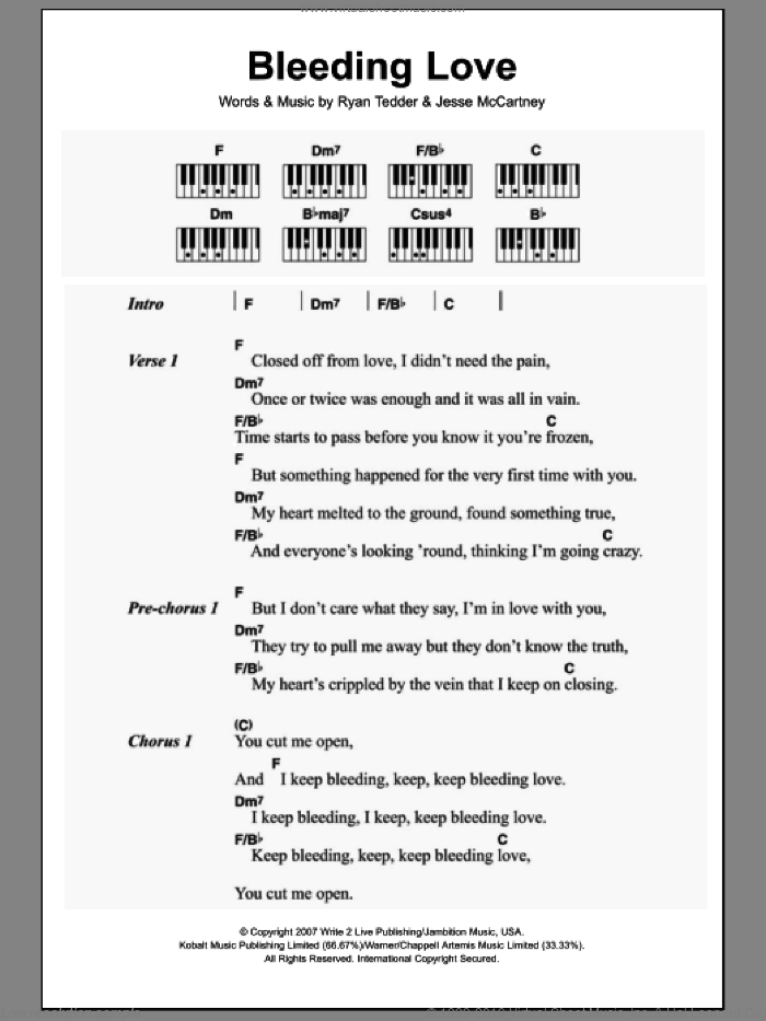Bleeding Love sheet music for piano solo (chords, lyrics, melody) by Leona Lewis, Jesse McCartney and Ryan Tedder, intermediate piano (chords, lyrics, melody)
