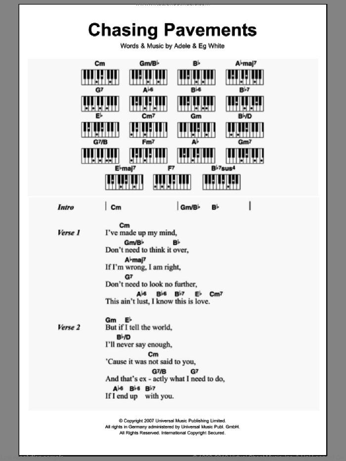 Chasing Pavements sheet music for piano solo (chords, lyrics, melody) by Adele and Eg White, intermediate piano (chords, lyrics, melody)