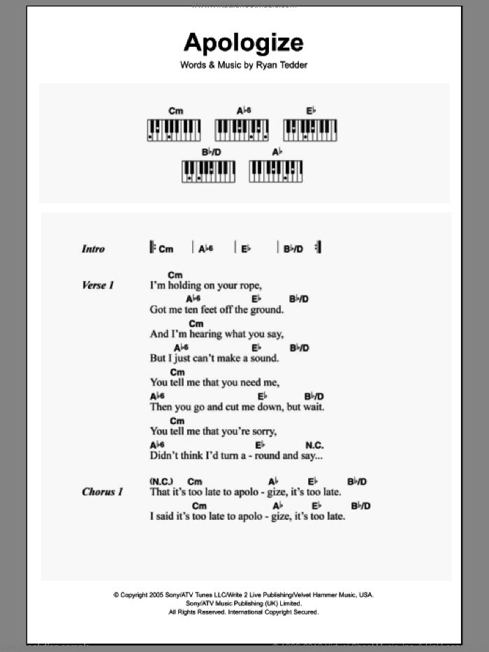 Apologize sheet music for piano solo (chords, lyrics, melody) by OneRepublic, Timbaland and Ryan Tedder, intermediate piano (chords, lyrics, melody)