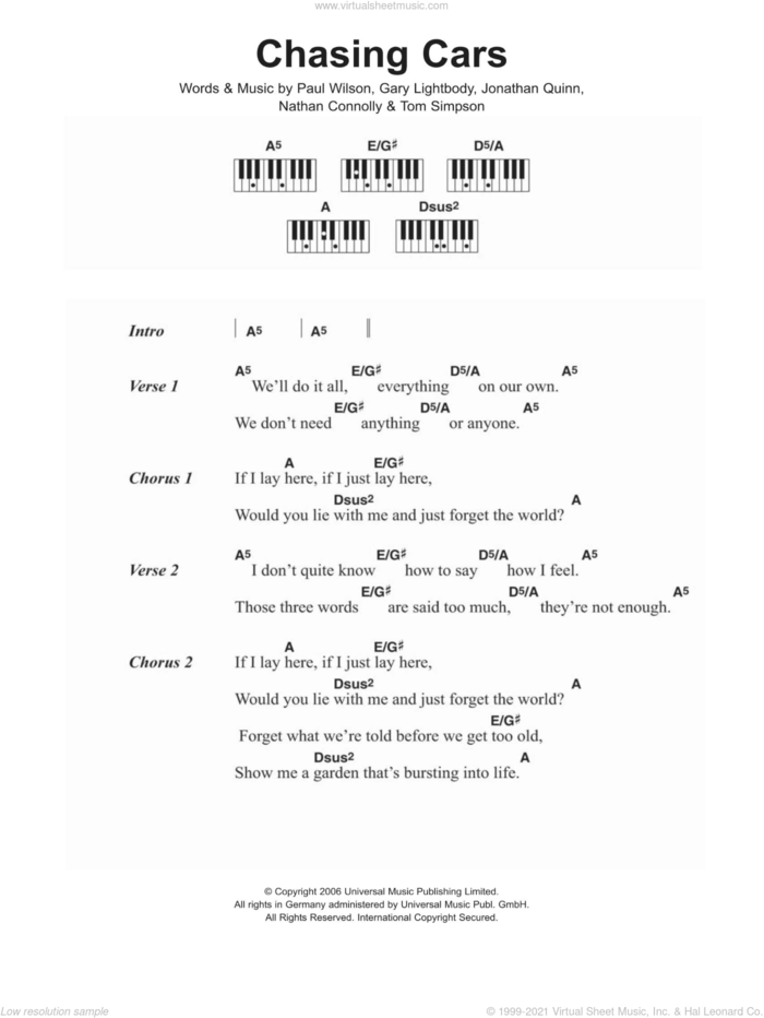 Chasing Cars sheet music for piano solo (chords, lyrics, melody) by Snow Patrol, Gary Lightbody, Jonathan Quinn, Nathan Connolly, Paul Wilson and Tom Simpson, intermediate piano (chords, lyrics, melody)