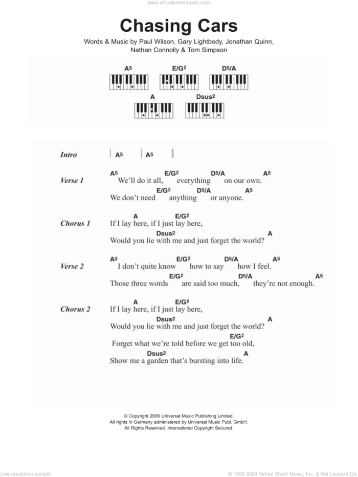 Chasing Cars sheet music for piano solo (chords, lyrics, melody) by Snow Patrol, Gary Lightbody, Jonathan Quinn, Nathan Connolly, Paul Wilson and Tom Simpson, intermediate piano (chords, lyrics, melody)