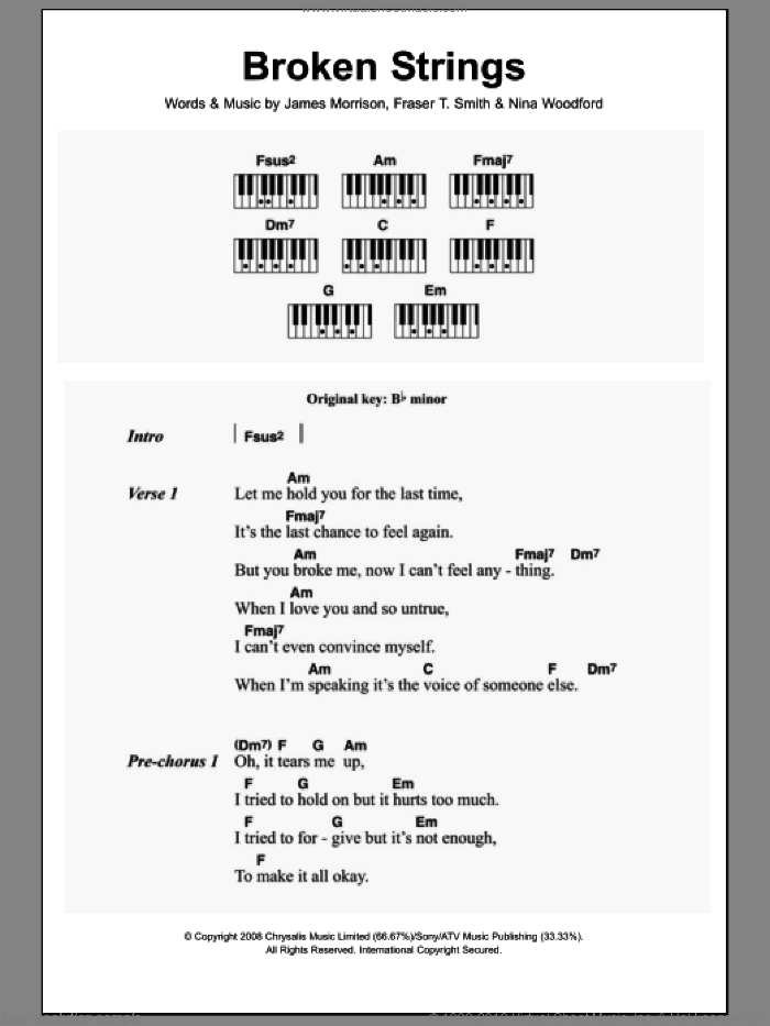 Broken Strings sheet music for piano solo (chords, lyrics, melody) by James Morrison featuring Nelly Furtado, James Morrison, Fraser T. Smith and Nina Woodford, intermediate piano (chords, lyrics, melody)