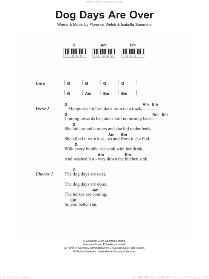 Dog Days Are Over sheet music for piano solo (chords, lyrics, melody) by Florence And The Machine, Florence And The  Machine, Florence Welch and Isabella Summers, intermediate piano (chords, lyrics, melody)