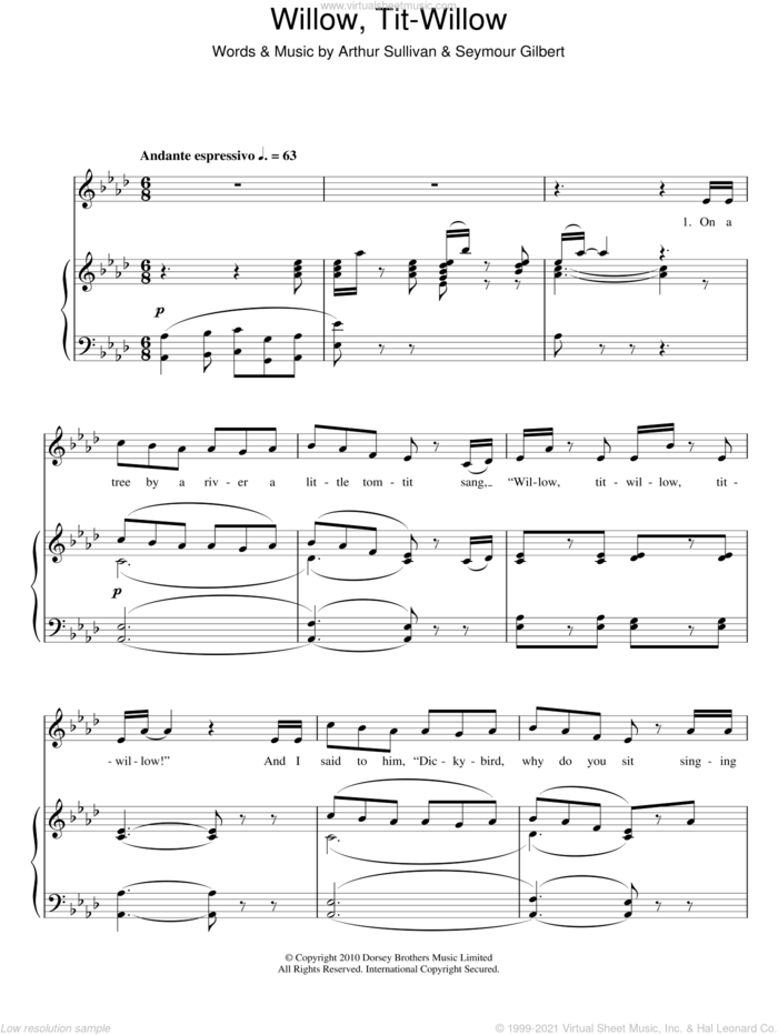 Tit Willow sheet music for voice and piano by Gilbert & Sullivan, Arthur Sullivan and Seymour Gilbert, intermediate skill level
