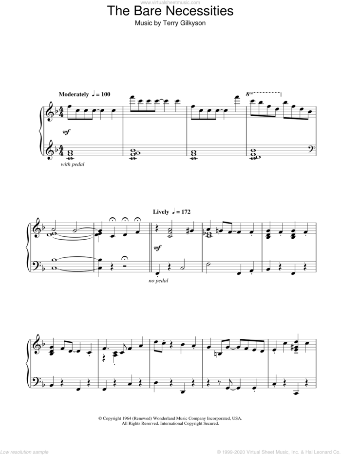 The Bare Necessities, (intermediate) sheet music for piano solo by Terry Gilkyson, intermediate skill level