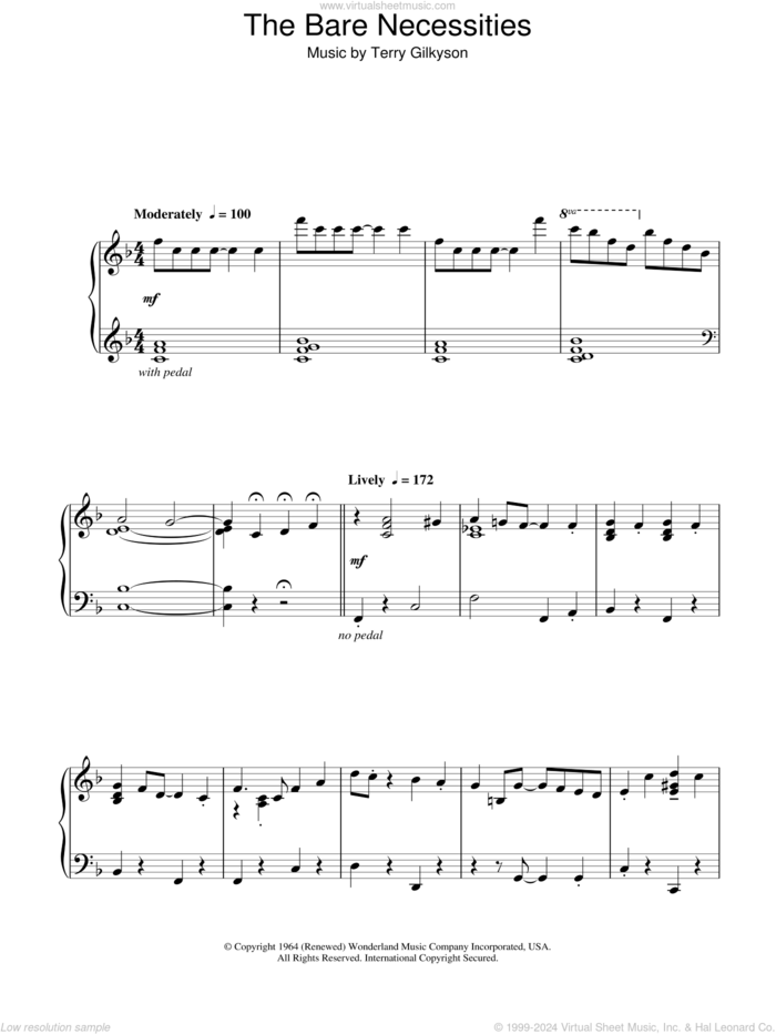 The Bare Necessities sheet music for piano solo by Terry Gilkyson, intermediate skill level