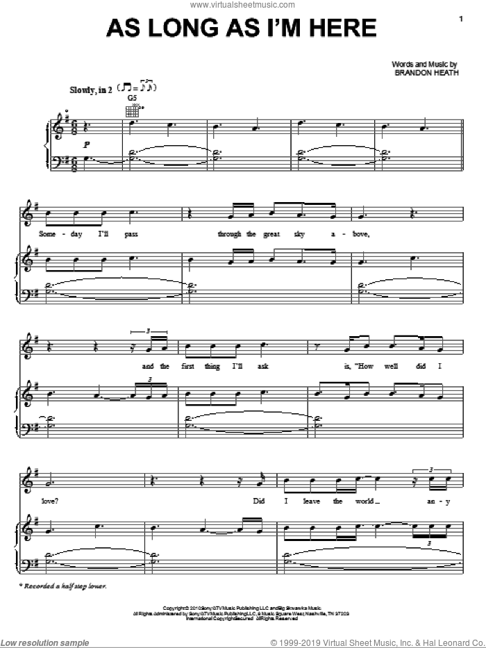 As Long As I'm Here sheet music for voice, piano or guitar by Brandon Heath, intermediate skill level