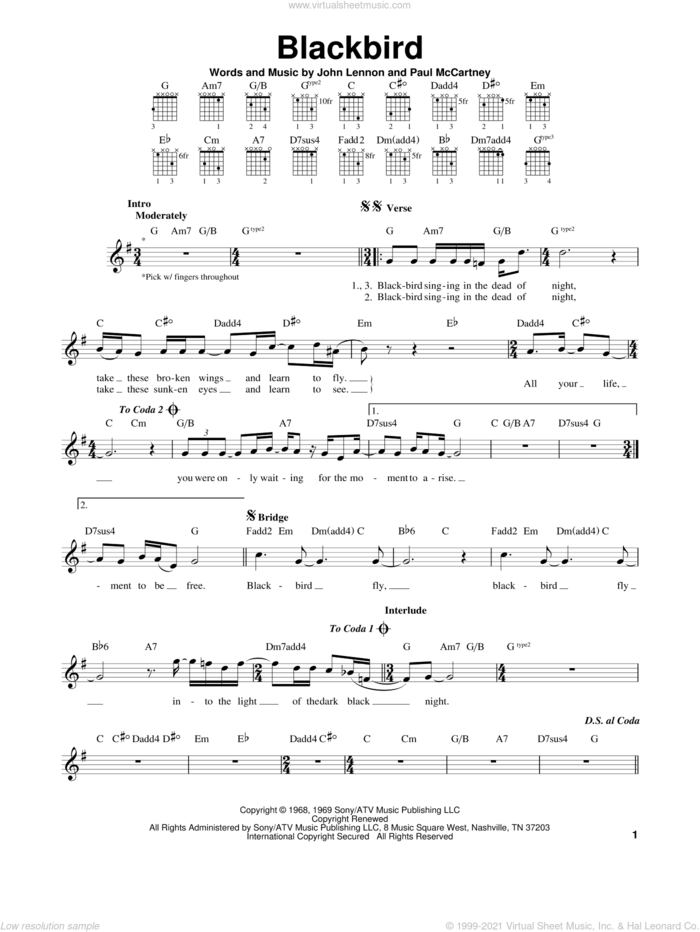 Blackbird, (easy) sheet music for guitar solo (chords) by The Beatles, John Lennon and Paul McCartney, easy guitar (chords)