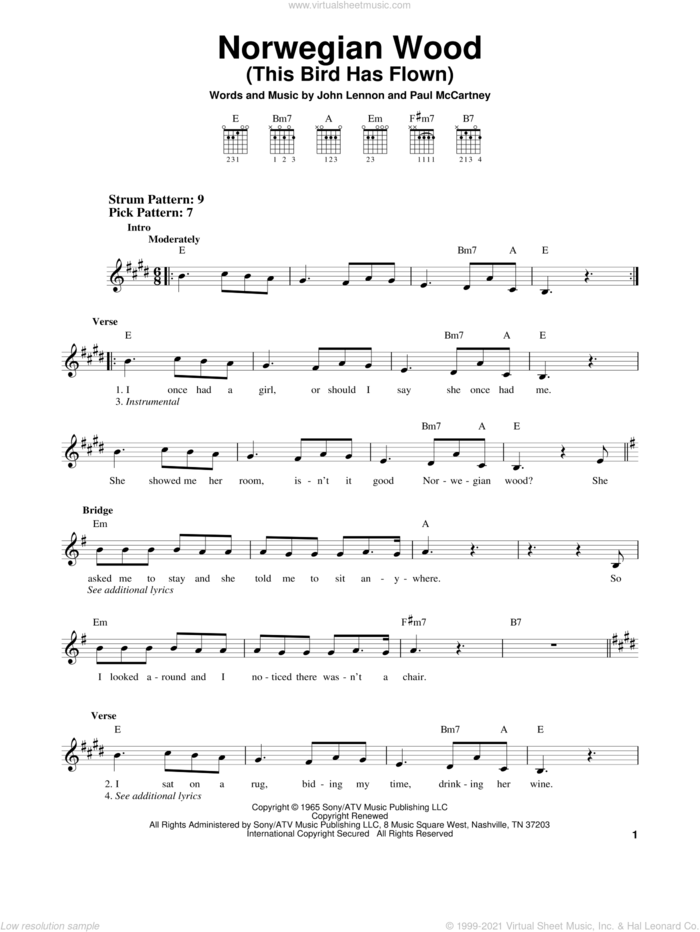 Norwegian Wood (This Bird Has Flown) sheet music for guitar solo (chords) by The Beatles, John Lennon and Paul McCartney, easy guitar (chords)