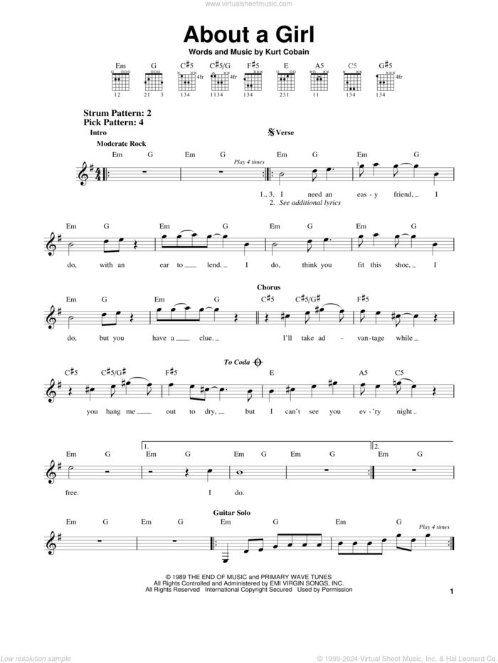 About A Girl sheet music for guitar solo (chords) by Nirvana and Kurt Cobain, easy guitar (chords)