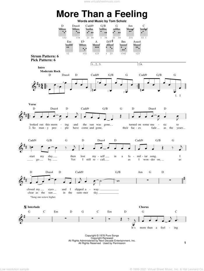 More Than A Feeling sheet music for guitar solo (chords) by Boston and Tom Scholz, easy guitar (chords)
