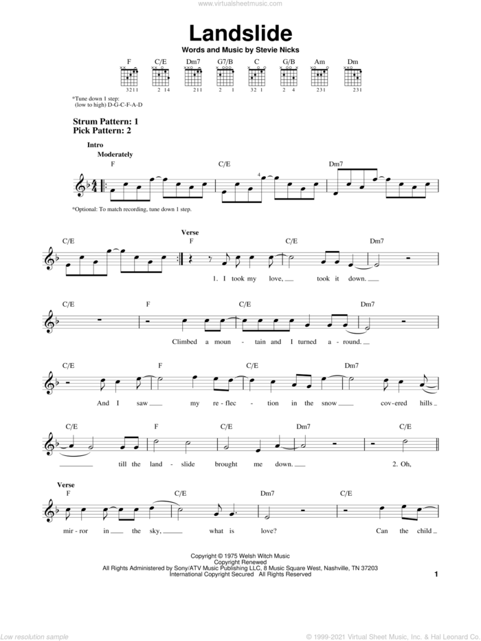 Landslide sheet music for guitar solo (chords) by Fleetwood Mac and Stevie Nicks, easy guitar (chords)