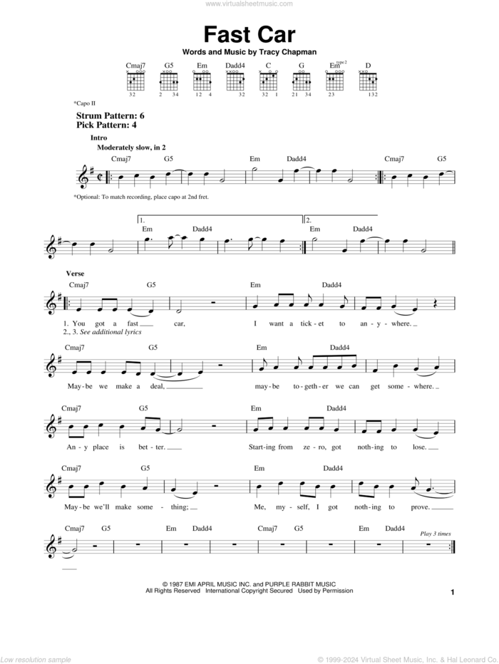 Fast Car sheet music for guitar solo (chords) by Tracy Chapman, easy guitar (chords)