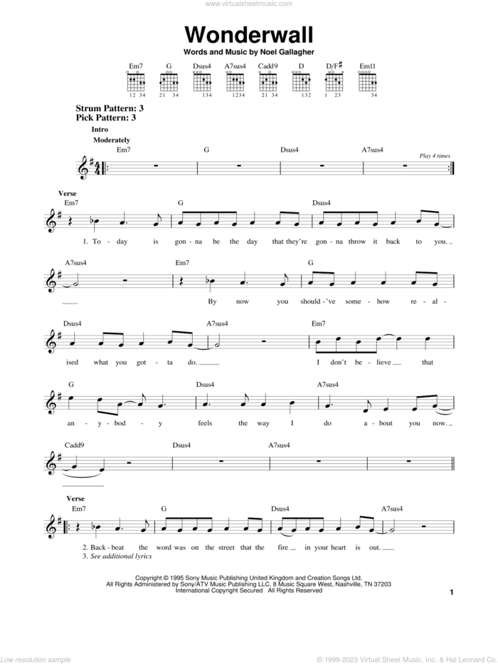 Wonderwall sheet music for guitar solo (chords) by Oasis and Noel Gallagher, easy guitar (chords)