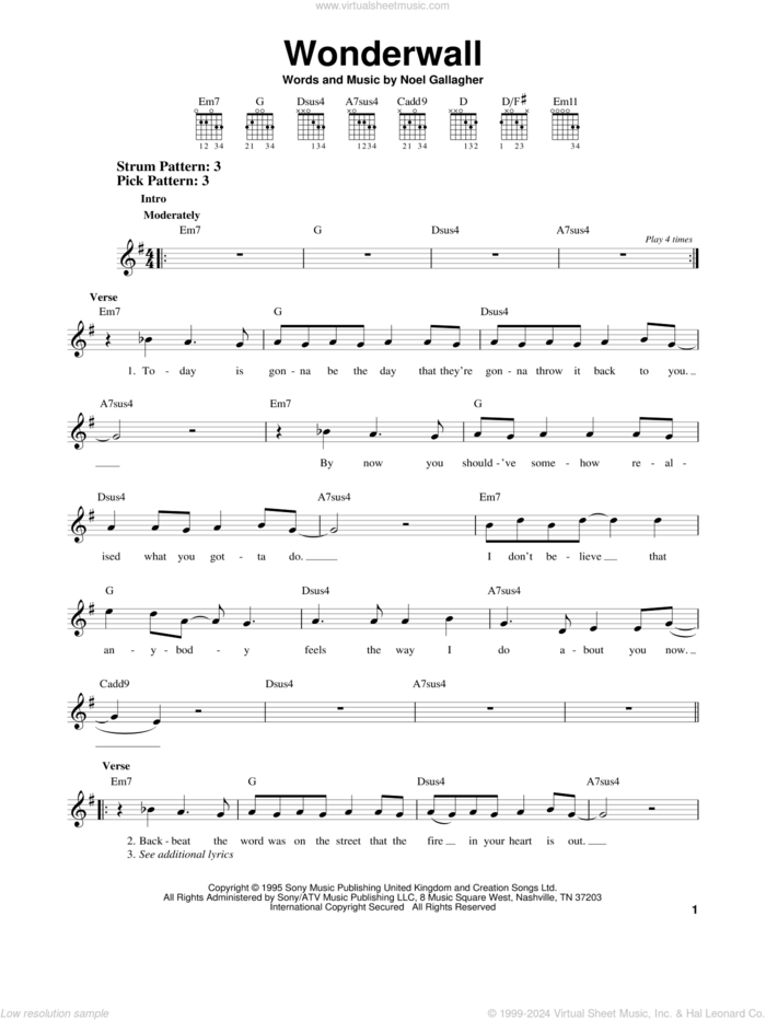 Wonderwall sheet music for guitar solo (chords) by Oasis and Noel Gallagher, easy guitar (chords)