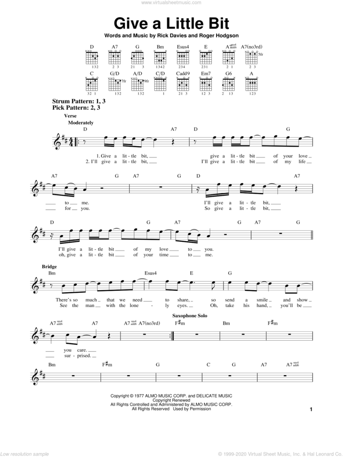 Give A Little Bit sheet music for guitar solo (chords) by Supertramp, Rick Davies and Roger Hodgson, easy guitar (chords)