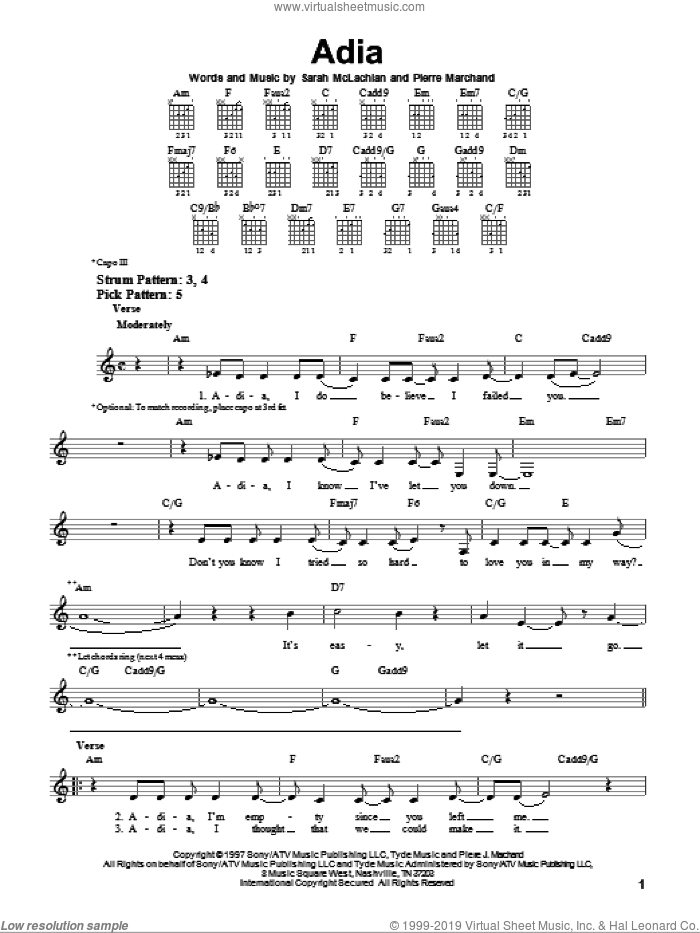 Adia sheet music for guitar solo (chords) by Sarah McLachlan and Pierre Marchand, easy guitar (chords)