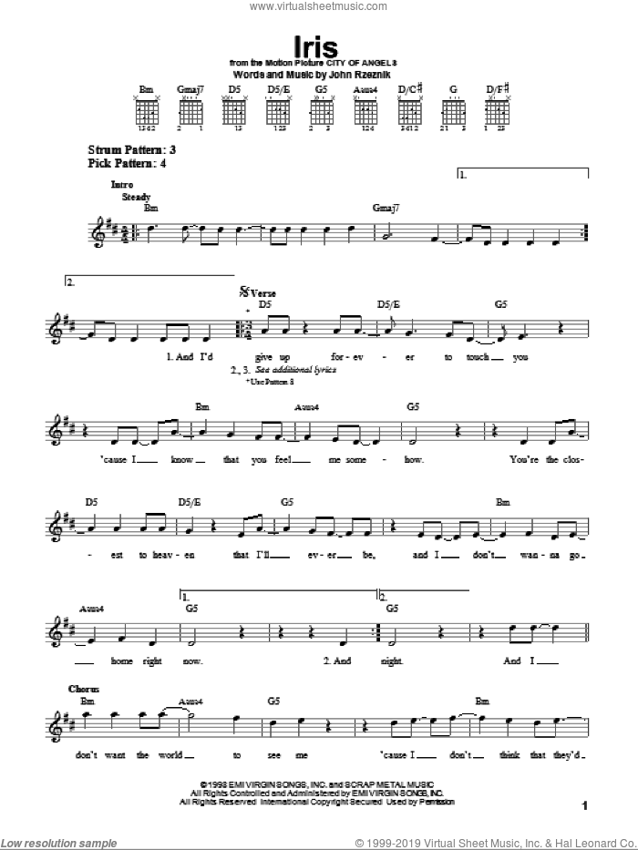 Iris sheet music for guitar solo (chords) by Goo Goo Dolls and John Rzeznik, easy guitar (chords)
