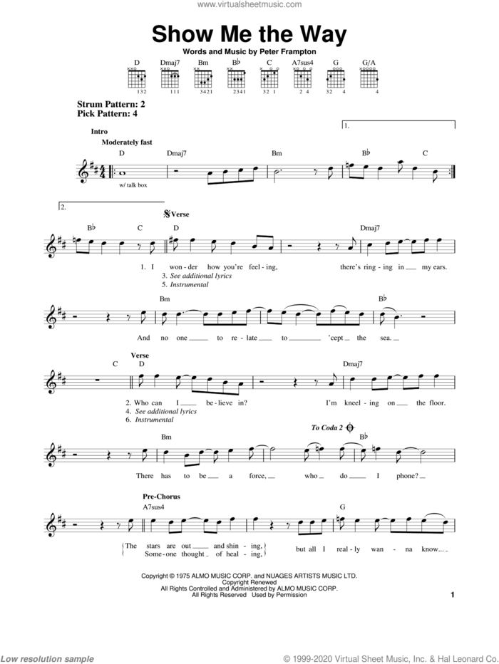 Show Me The Way sheet music for guitar solo (chords) by Peter Frampton, easy guitar (chords)