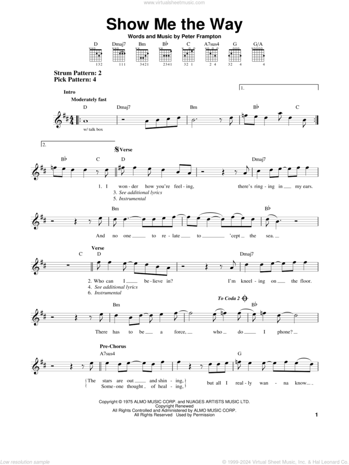 Show Me The Way sheet music for guitar solo (chords) by Peter Frampton, easy guitar (chords)