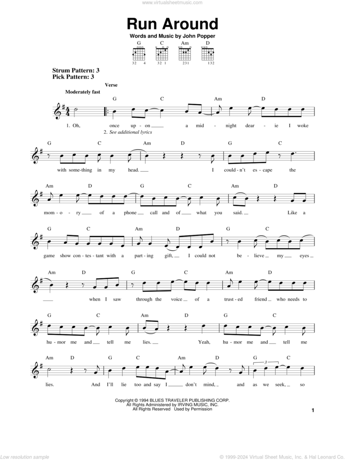 Run Around sheet music for guitar solo (chords) by Blues Traveler and John Popper, easy guitar (chords)