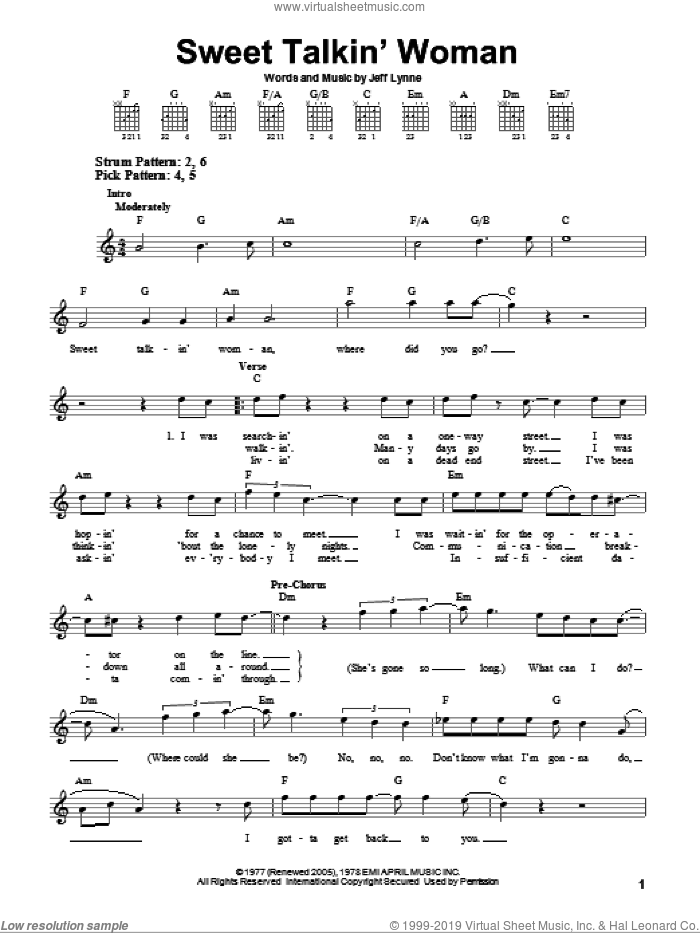 Sweet Talkin' Woman sheet music for guitar solo (chords) by Electric Light Orchestra and Jeff Lynne, easy guitar (chords)