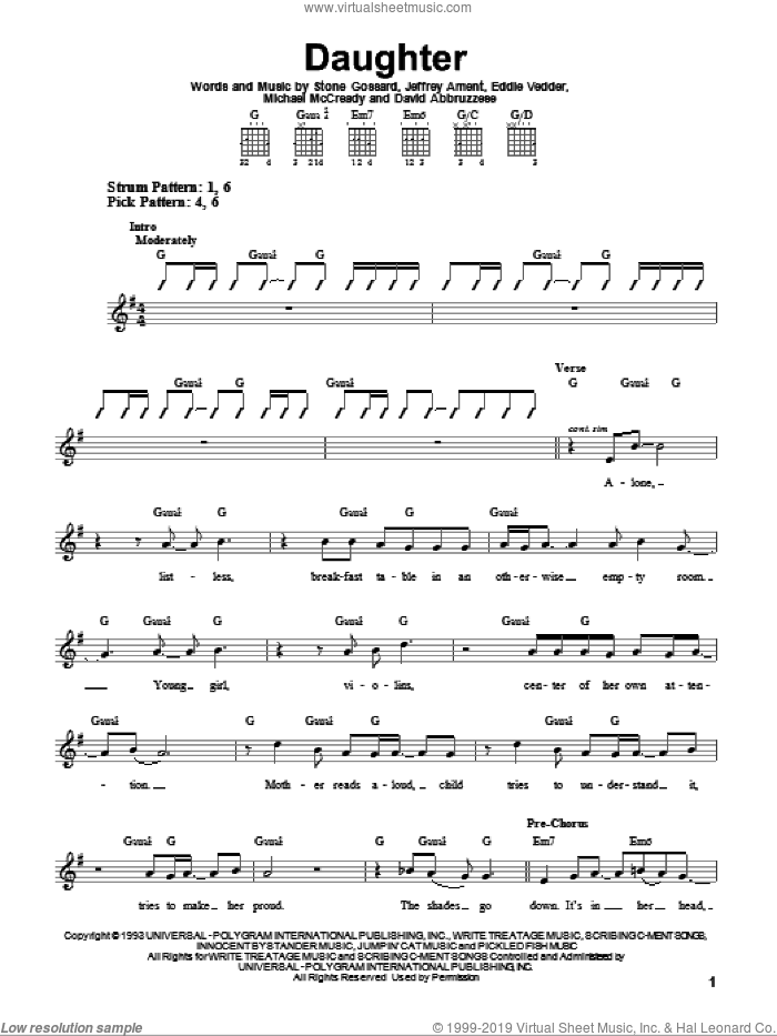 Daughter sheet music for guitar solo (chords) by Pearl Jam, David Abbruzzese, Eddie Vedder, Jeffrey Ament, Michael McCready and Stone Gossard, easy guitar (chords)